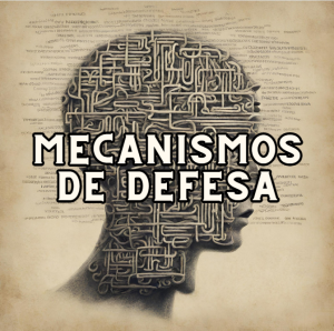 Imagem mostrando a mente humana com o texto "Mecanismos de Defesa"