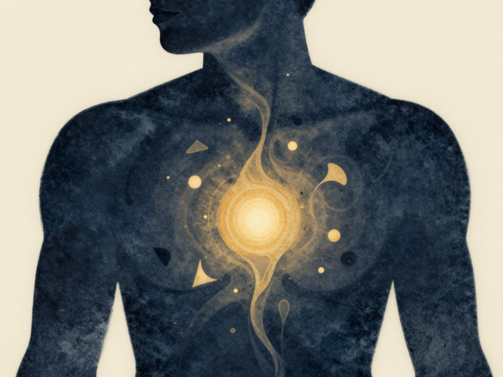 Figura humana abstrata com formas luminosas emergindo do peito