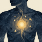 Figura humana abstrata com formas luminosas emergindo do peito