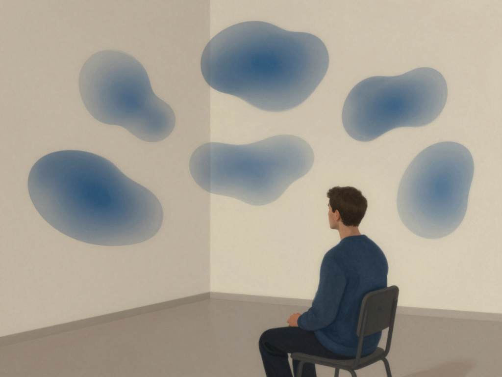 Ilustração abstrata de uma pessoa em escuta diante de formas flutuantes