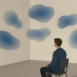 Ilustração abstrata de uma pessoa em escuta diante de formas flutuantes