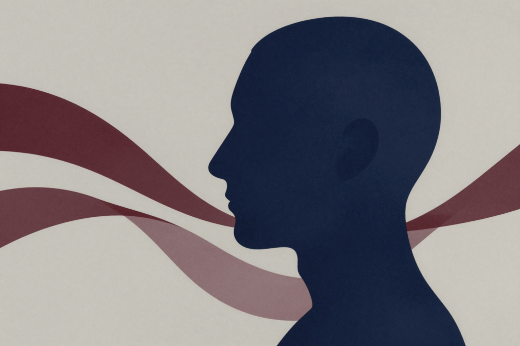 Perfil humano atravessado por faixas divergentes que simbolizam intenções conscientes e interferências inconscientes