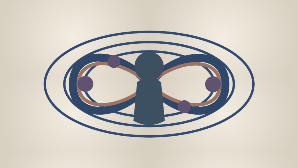 Ilustração editorial abstrata sobre compulsão à repetição, com forma circular e figura humana central.