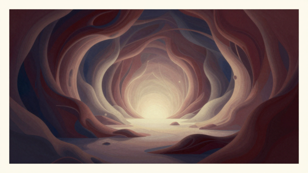 Paisagem psíquica abstrata com formas orgânicas que representam a dimensão pulsional do id