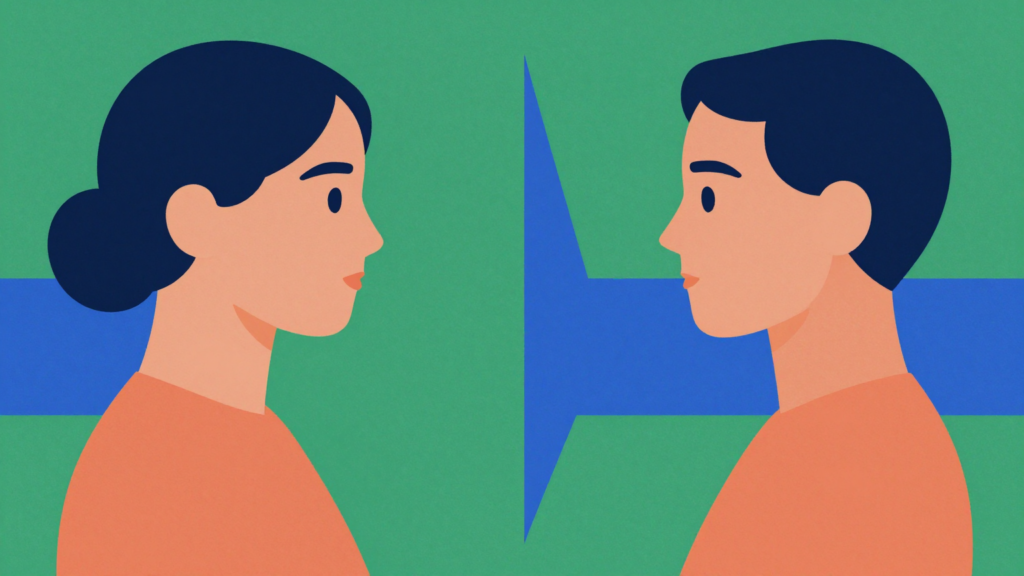 Duas figuras frente a frente ligadas por formas abstratas que representam identificação projetiva