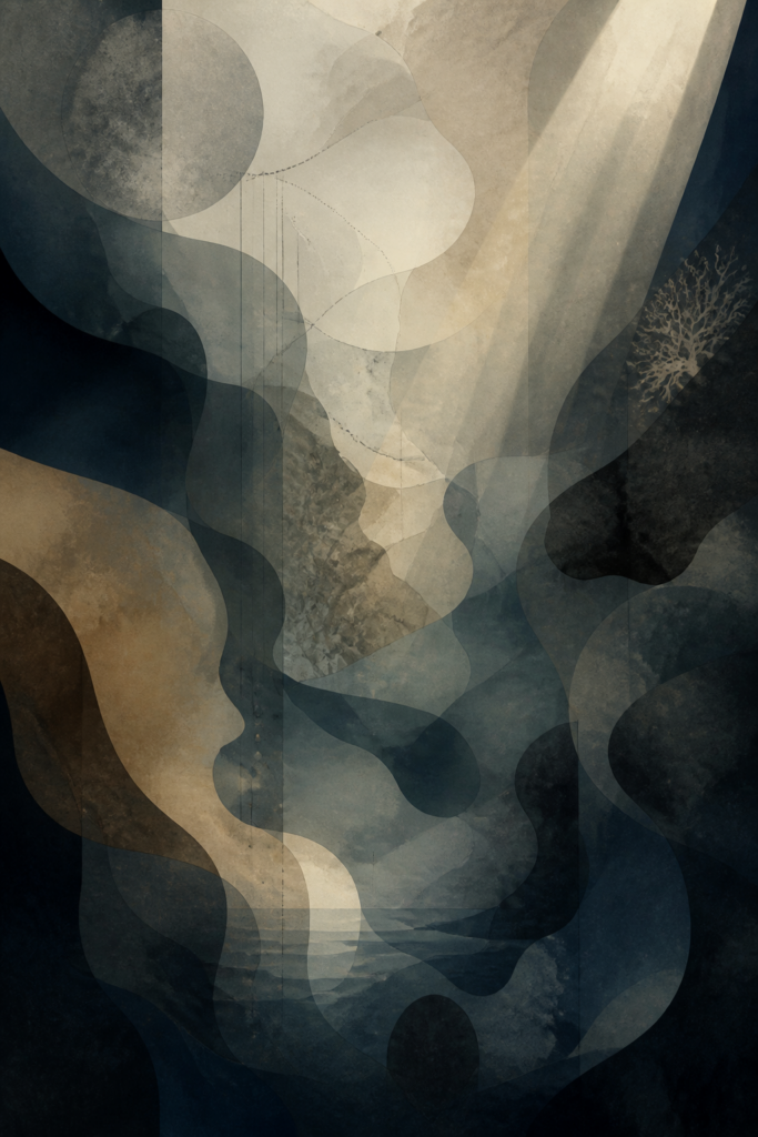 Ilustração abstrata sobre o inconsciente na psicanálise, com camadas de sombra e luz