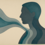 Ilustração abstrata de formas fluindo para o interior de uma figura humana