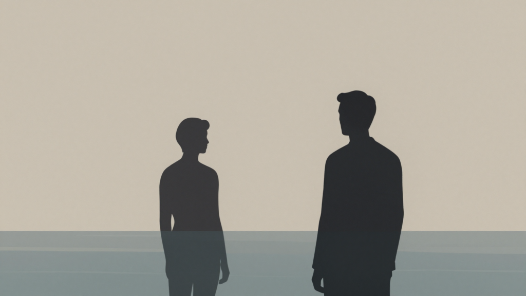 Ilustração editorial abstrata sobre narcisismo, com figura humana diante de superfície reflexiva simbólica.