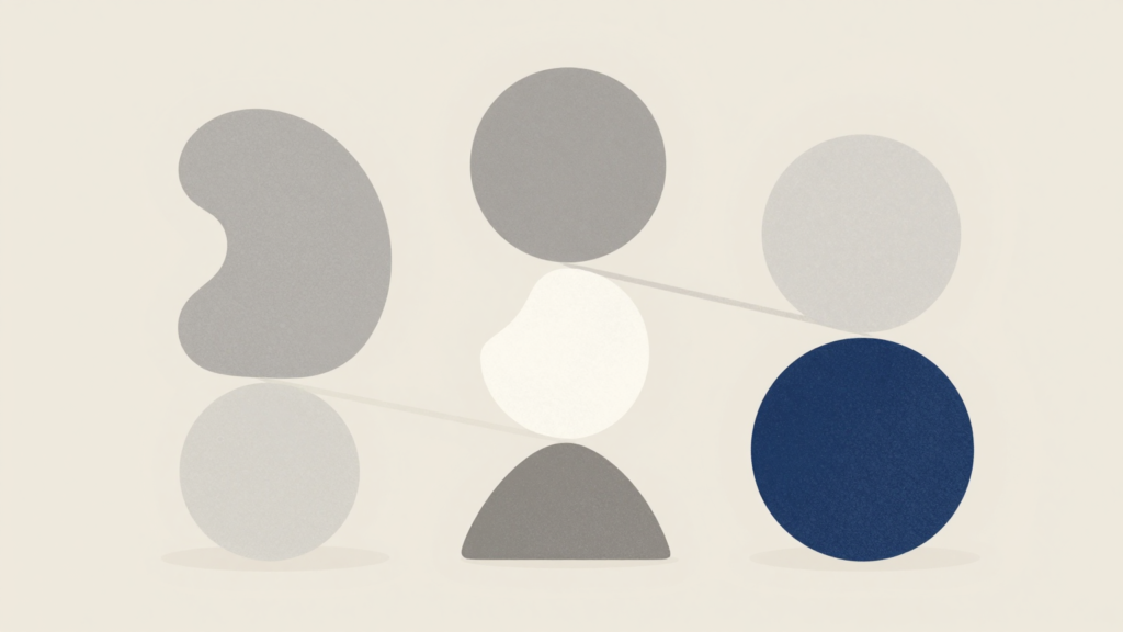 Ilustração abstrata com formas equilibradas para representar o princípio de realidade na psicanálise.