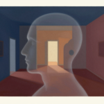 Perfil humano translúcido contendo ambientes internos e uma passagem iluminada