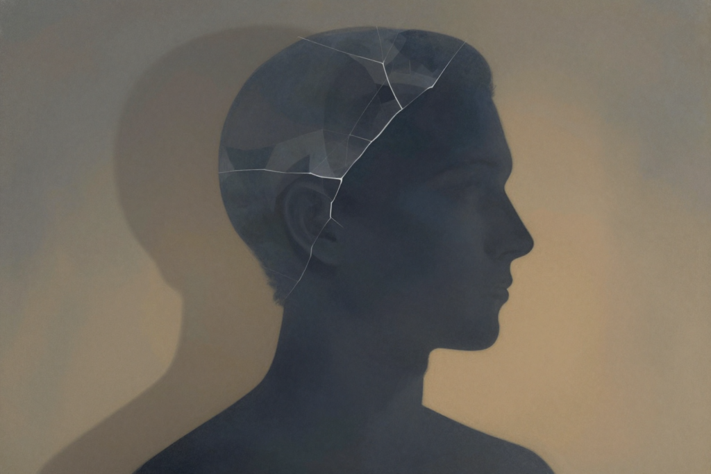 Perfil humano com fissuras abstratas que simbolizam o impacto e a elaboração de uma experiência traumática