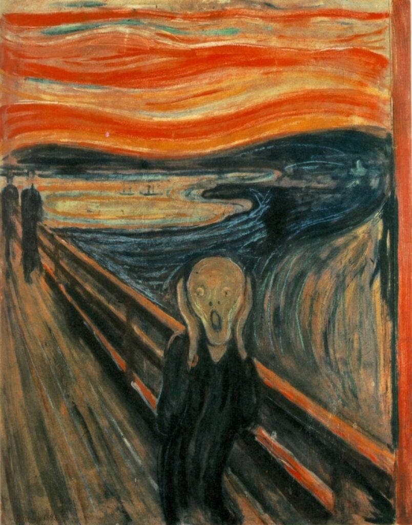 Figura humana diante de um céu ondulante na pintura O Grito, de Edvard Munch