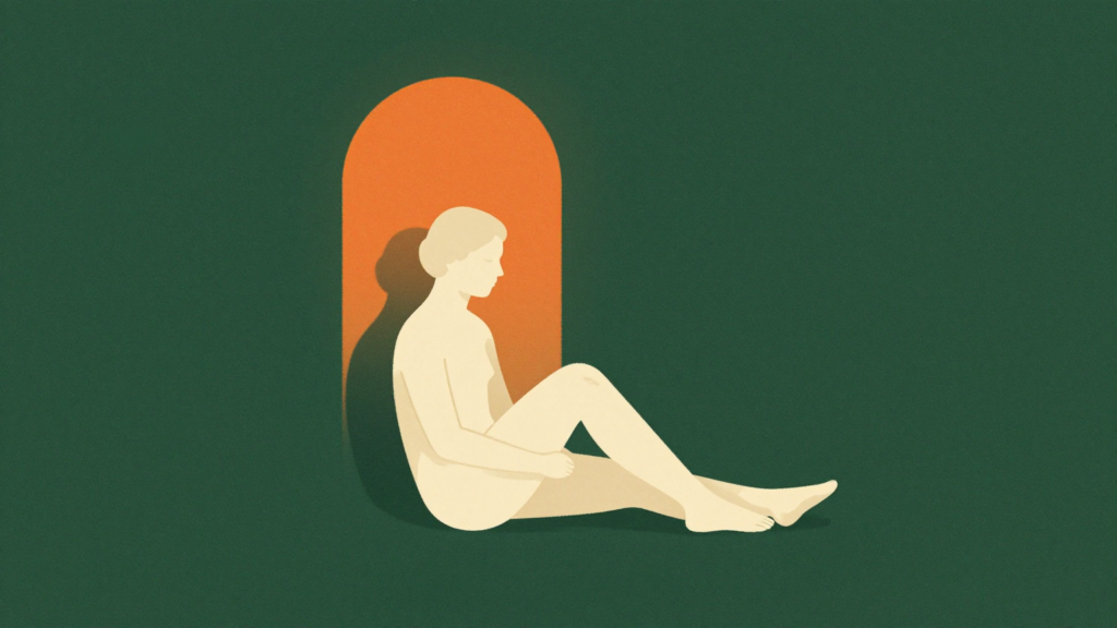 Figura sentada em ambiente verde com arco luminoso ao fundo, associada à capacidade de estar só