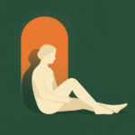 Figura sentada em ambiente verde com arco luminoso ao fundo, associada à capacidade de estar só