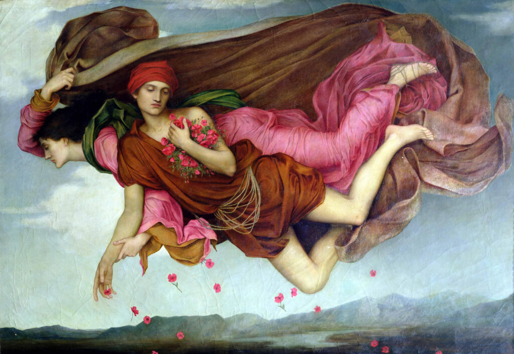 Figuras alegóricas da Noite e do Sono flutuam sobre uma paisagem na pintura de Evelyn De Morgan