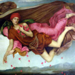Figuras alegóricas da Noite e do Sono flutuam sobre uma paisagem na pintura de Evelyn De Morgan