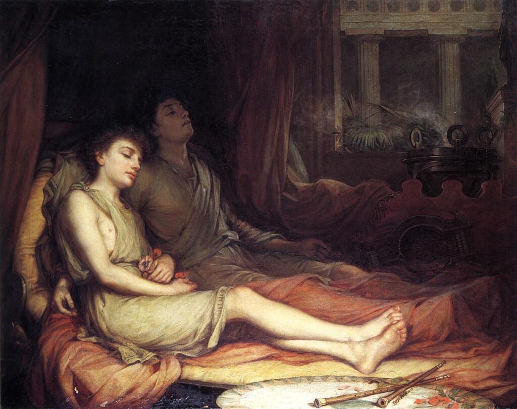 Duas figuras adormecidas em ambiente escuro na pintura de John William Waterhouse