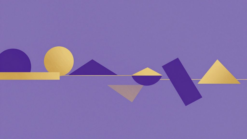 Formas geométricas em violeta e dourado se organizando em sequência narrativa
