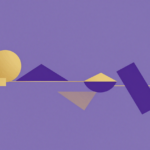 Formas geométricas em violeta e dourado se organizando em sequência narrativa