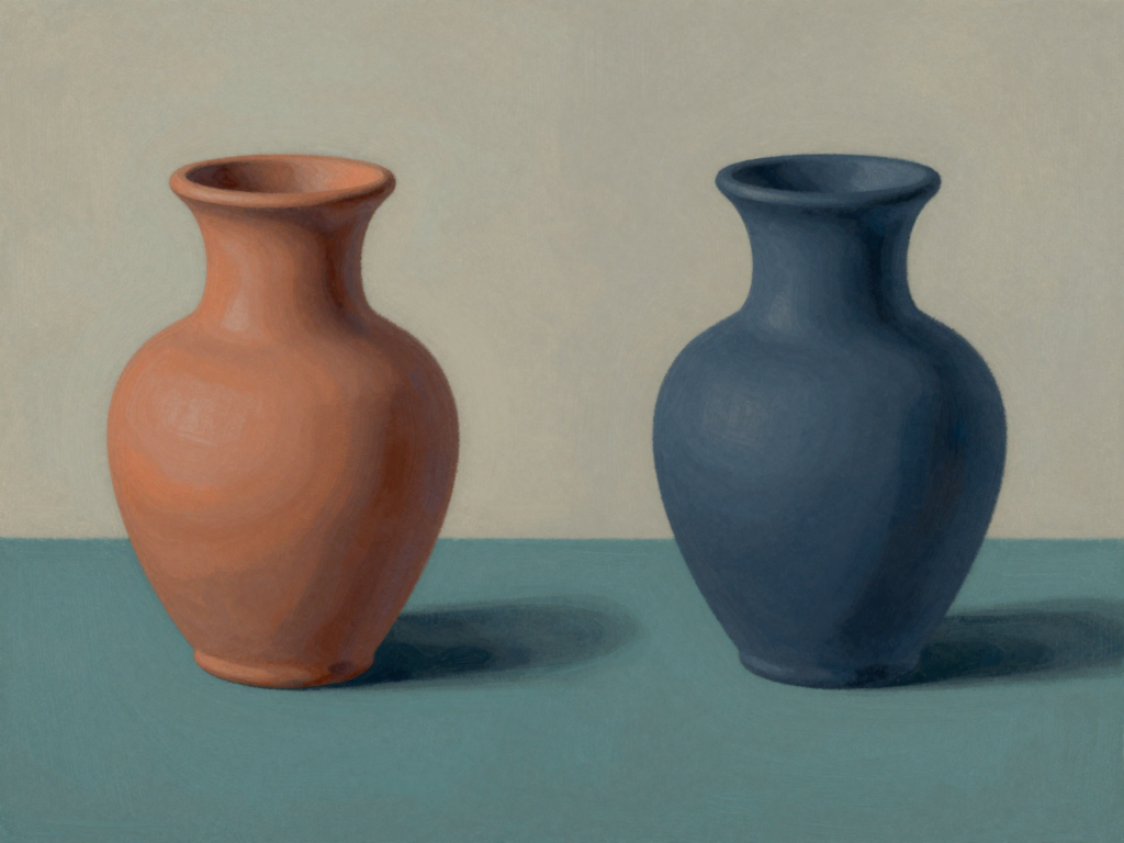 Dois vasos semelhantes em terracota e azul sobre fundo neutro, representando objeto e símbolo