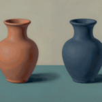 Dois vasos semelhantes em terracota e azul sobre fundo neutro, representando objeto e símbolo