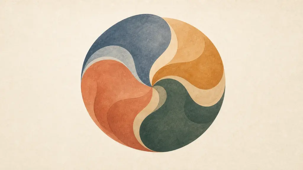 Formas abstratas convergem em uma composição circular equilibrada, representando a integração na fase genital