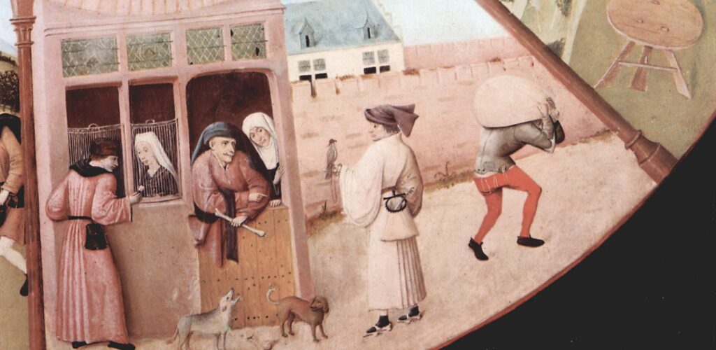 Detalhe de pintura de Hieronymus Bosch com figuras em uma cena cotidiana associada à alegoria da inveja
