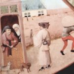 Detalhe de pintura de Hieronymus Bosch com figuras em uma cena cotidiana associada à alegoria da inveja