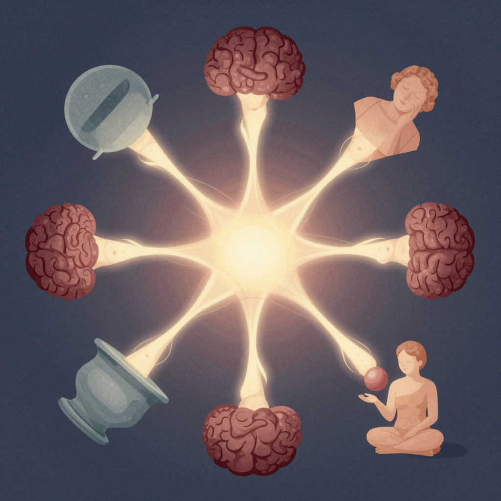Fluxos luminosos ligando uma forma mental central a diferentes objetos, representando investimento psíquico