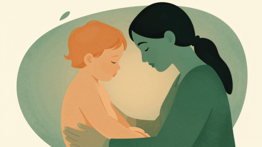 Figura cuidadora e bebê em composição abstrata, representando a preocupação materna primária