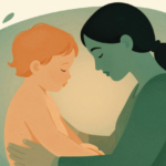 Figura cuidadora e bebê em composição abstrata, representando a preocupação materna primária