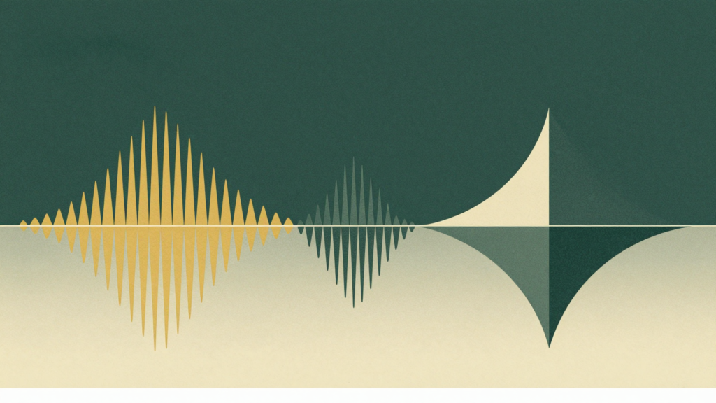 Ondas abstratas em verde e âmbar representando componentes sonoros da representação-palavra