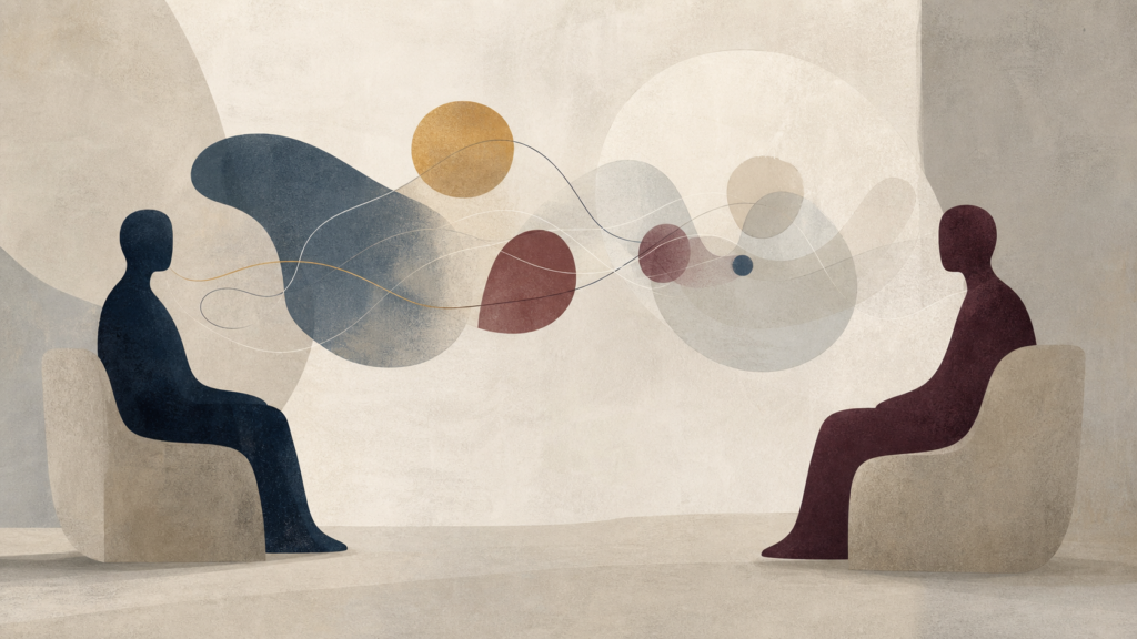 Duas figuras abstratas em diálogo representando transferência e suposição de saber