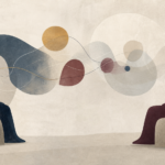 Duas figuras abstratas em diálogo representando transferência e suposição de saber
