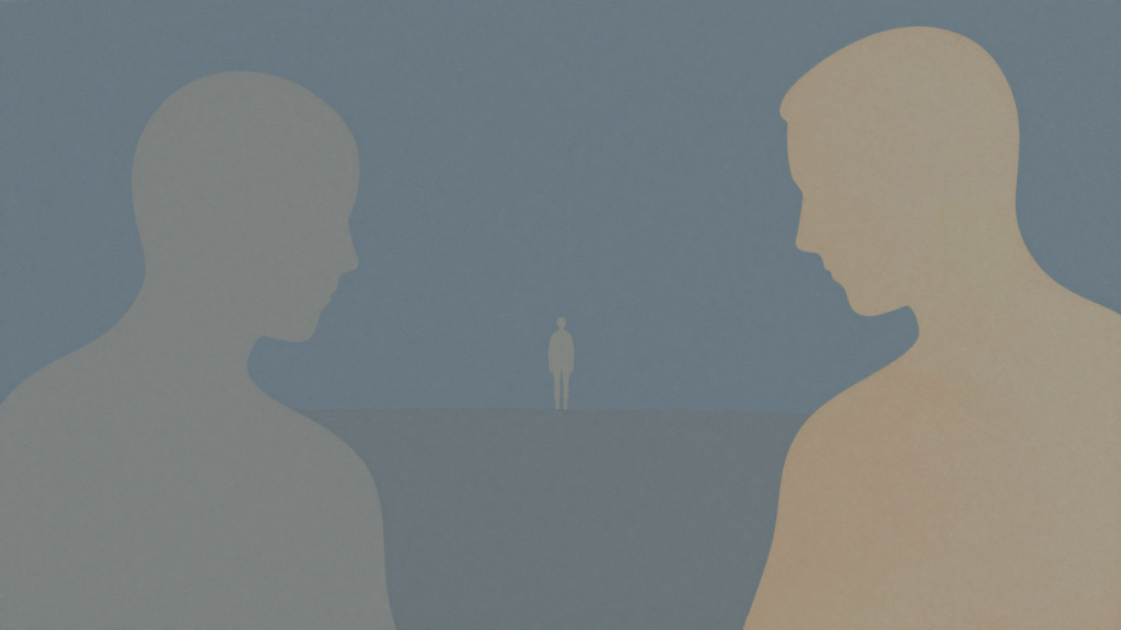 Figuras humanas abstratas em um espaço amplo, representando a experiência psíquica de desamparo e a necessidade de apoio