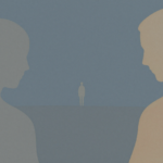 Figuras humanas abstratas em um espaço amplo, representando a experiência psíquica de desamparo e a necessidade de apoio