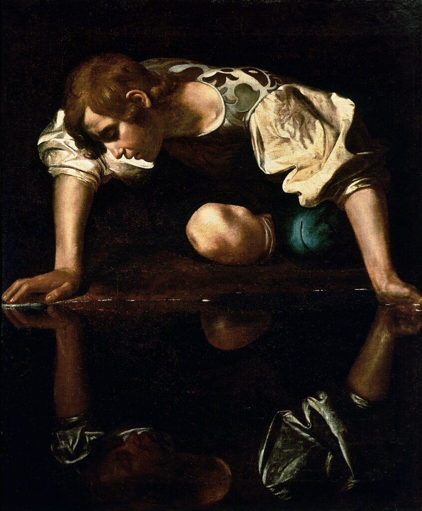 Narciso contempla seu reflexo em pintura de Caravaggio