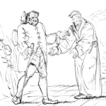 Desenho em preto e branco de E. T. A. Hoffmann para o conto O Homem da Areia, com duas figuras em uma cena inquietante