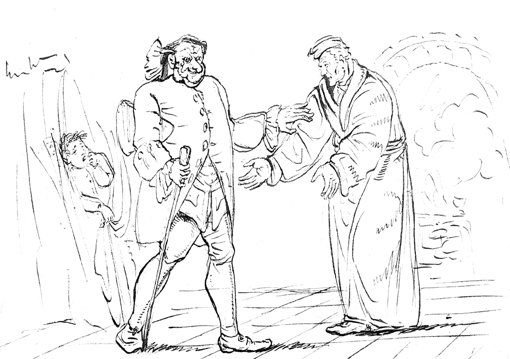 Desenho em preto e branco de E. T. A. Hoffmann para o conto O Homem da Areia, com duas figuras em uma cena inquietante