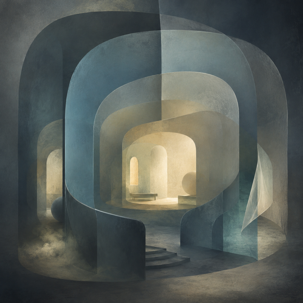 Ilustração abstrata de espaços psíquicos sobrepostos e conectados, associada à tópica psicanalítica