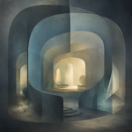 Ilustração abstrata de espaços psíquicos sobrepostos e conectados, associada à tópica psicanalítica